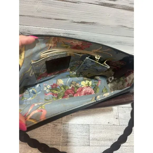 Brighton Two Tone Leather Shoulder Handbag Purse Black Brown floral interior - Picture 8 of 13